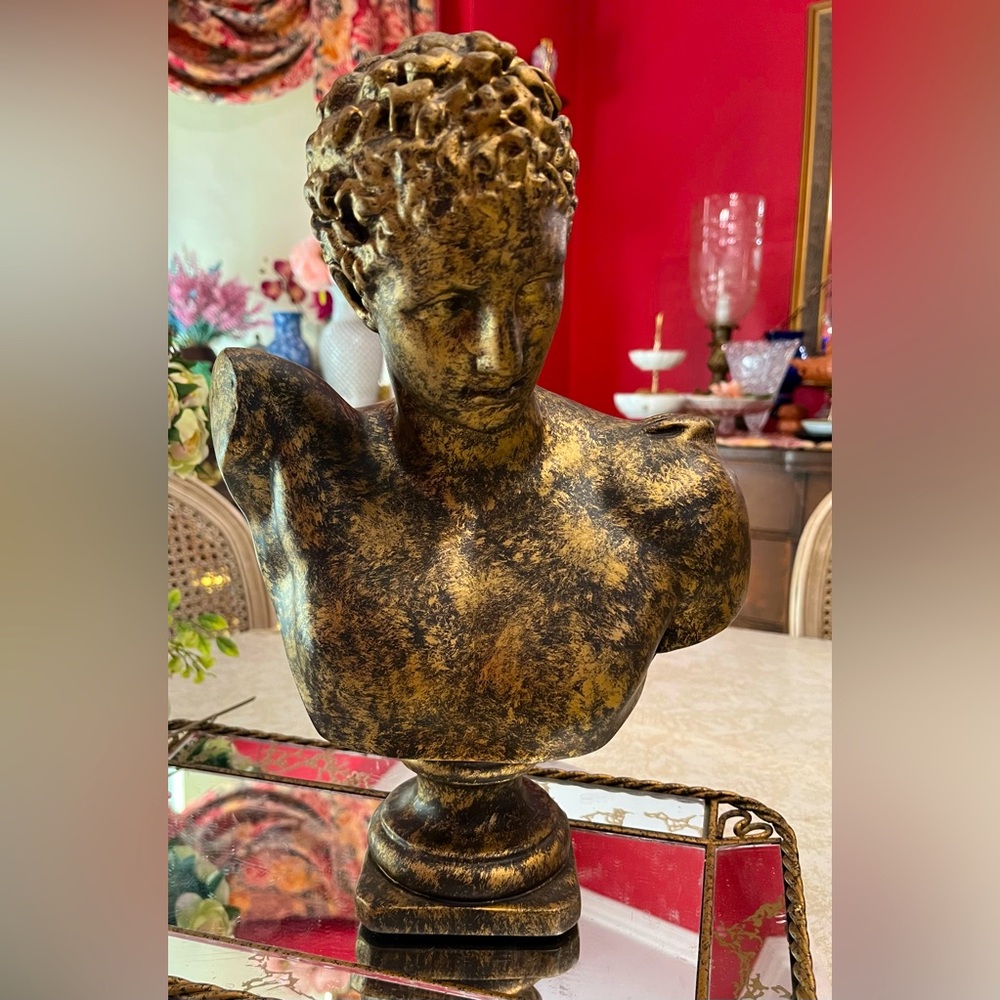 VTG Hermes Olympia 13” Bust in Black/Gold Sponge-paint on molded polyresin Greek